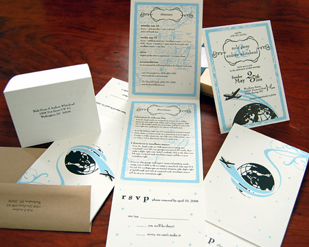 cricket press blue brown letterpress wedding invitations Our Wedding 
