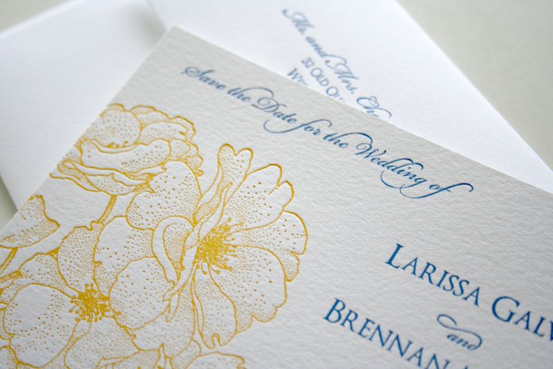 blue yellow vintage floral letterpress wedding save the date 500x333 Blue