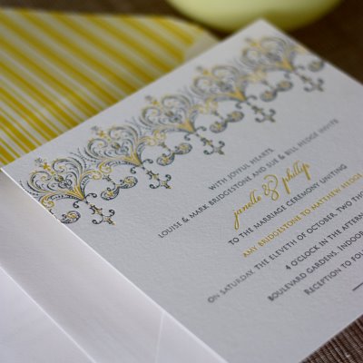 yellow gray letterpress wedding invitations Lovely invitations Bespoke 