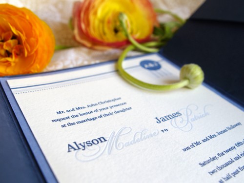 Blue-White-Letterpress-Pocketfold-Wedding-Invitation 5101912 500x375 Alyson + Jamess Classic Blue Wedding Invitations