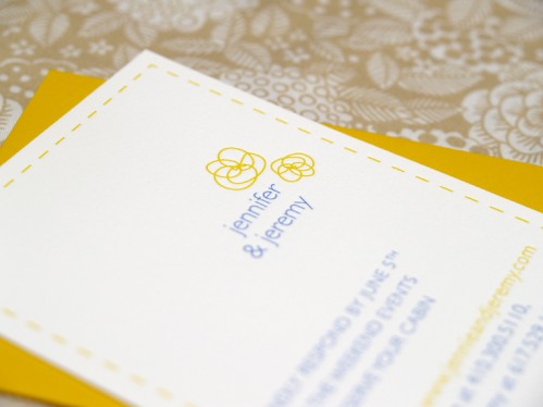 Yellow-Blue-Letterpress-Canoe-Wedding-Invitations Jeremy Jennifer Yellow Blue Canoe Invitations Detail 499x374 Jeremy + Jennifers Yellow and Blue Modern Floral Wedding Invitations