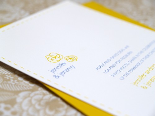 Yellow-Blue-Letterpress-Canoe-Wedding-Invitations Jeremy Jennifer Yellow Blue Canoe Invitations Detail Flowers Names 499x374 Jeremy + Jennifers Yellow and Blue Modern Floral Wedding Invitations