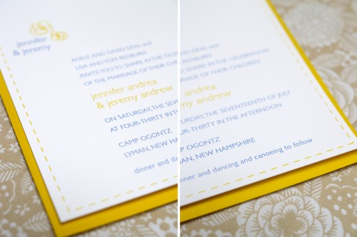 Yellow-Blue-Letterpress-Canoe-Wedding-Invitations Jeremy Jennifer Yellow Blue Invitations Text 500x333 Jeremy + Jennifers Yellow and Blue Modern Floral Wedding Invitations