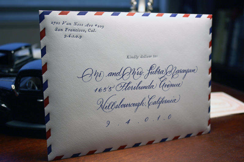 vintage travel airmail wedding invitation envelope calligraphy 500x331 