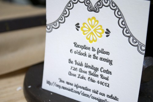 yellow black white letterpress wedding invitations reception card 500x334