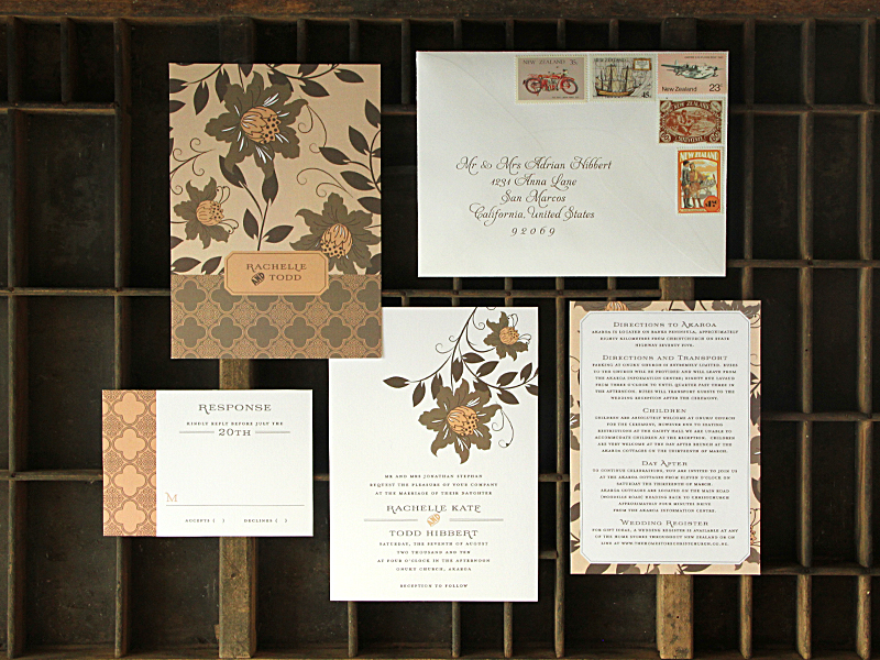  floral wedding invitations with vintage stamps from New Zealand