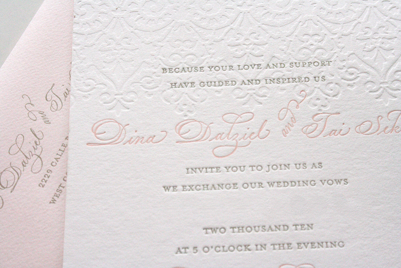 pink gray wedding invitation letterpress deboss 500x333 Romantic Pink Gray