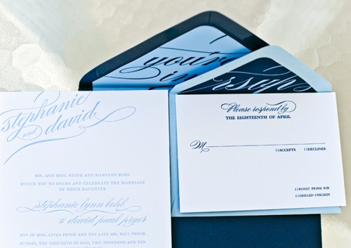 blue calligraphy wedding invitations rsvp 500x353 Stephanie Davids 