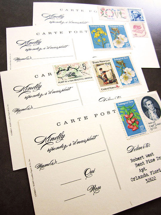 Wedding Invitation RSVP Postcard Vintage Stamps 300x400 Danielle Robs