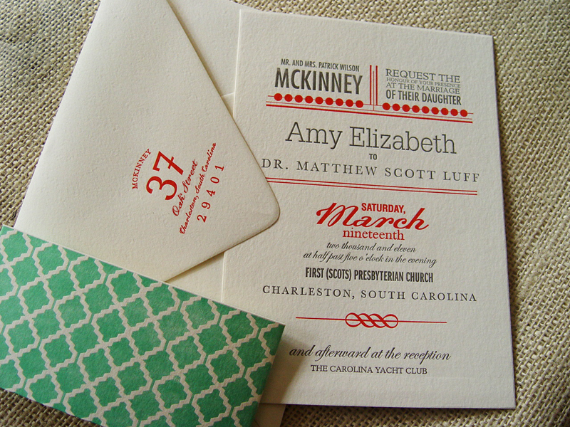 Geometric Pattern Red Green Letterpress Wedding Invitations3 500x375 Amy 
