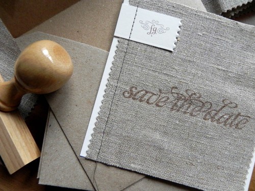 Linen Fabric Stitched Save the Dates 500x375