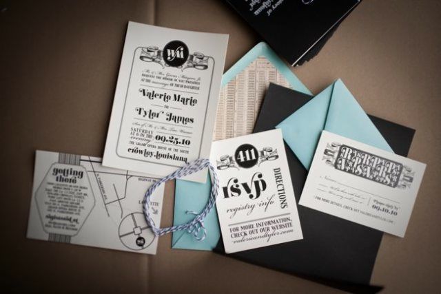  and modern black and white color palette for her wedding invitations 