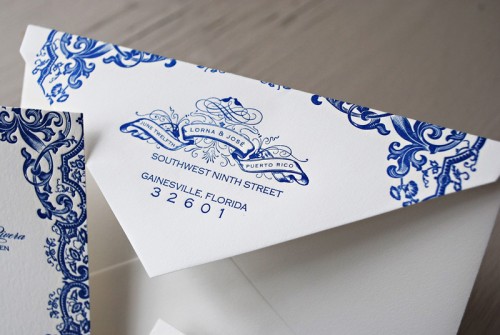 Blue-Letterpress-Puerto-Rico-Wedding-Invitations-Envelope Blue Letterpress Puerto Rico Wedding Invitations21 500x335 Lorna + Joses Puerto Rico Destination Wedding Invitations