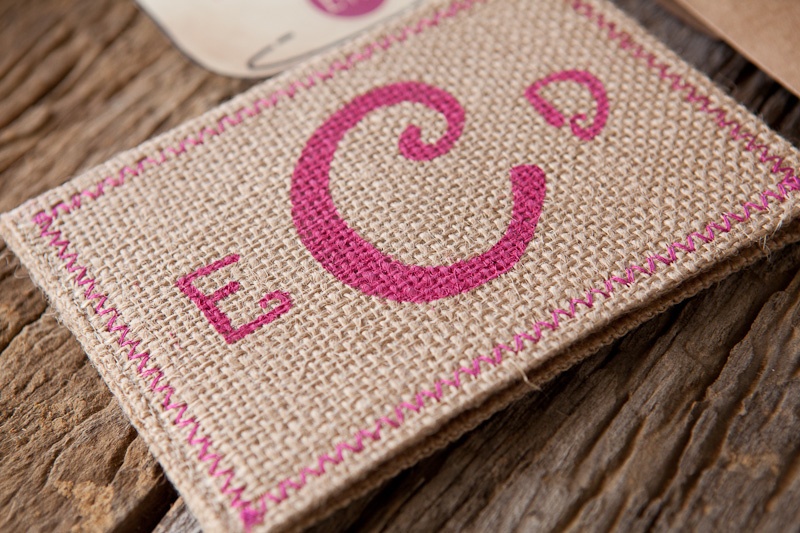 Burlap Pink Monogram Wedding Invitation Detail 500x333 Erin Davids Rustic