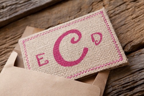 Burlap-Pink-Monogram-Wedding-Invitation-Envelope Burlap Pink Monogram Wedding Invitation Envelope 500x333 Erin + Davids Rustic Pink + Burlap Wedding Invitations