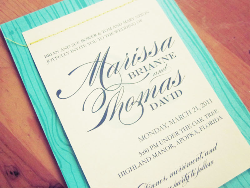 Marissa Tom's Aqua Blue Faux Bois Wedding Invitations