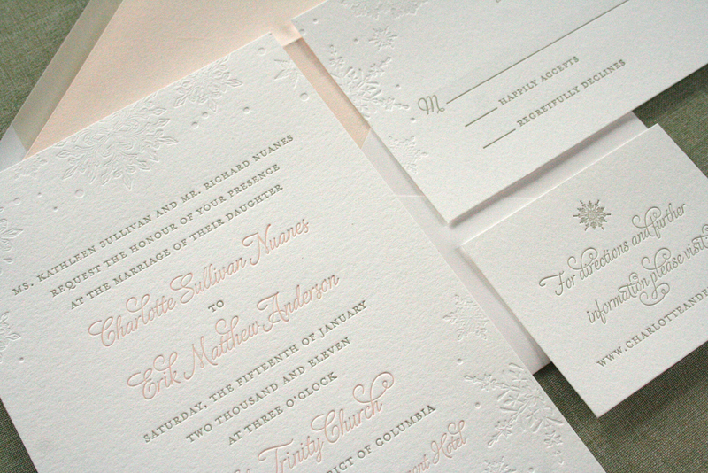 Pink Gray Letterpress Winter Snowflake Wedding Invitations 500x333 Charlotte