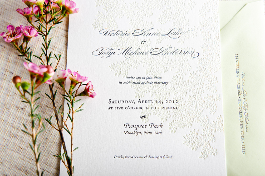 Spring Letterpress Blind Impression Wedding Invitations Leaves 500x332 