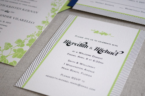 Rehearsal dinner invitations were printed at the same time and inserted into