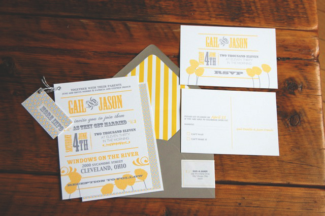 Full suite 500x332 Gail Jason's Modern Yellow Gray Wedding Invitations