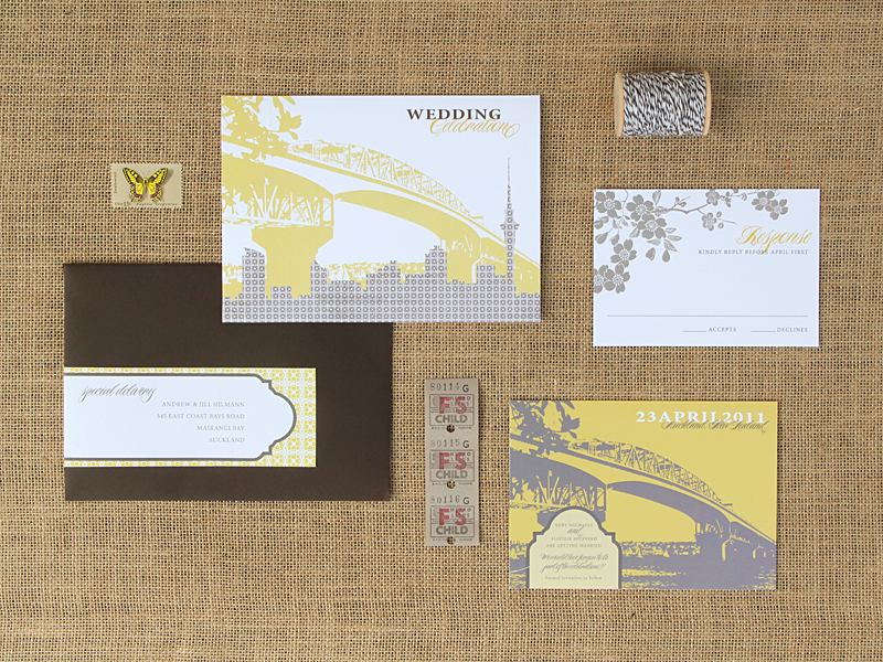 Yellow Gray New Zealand Wedding Invitation Suite 500x375 Ruby Alistairs 