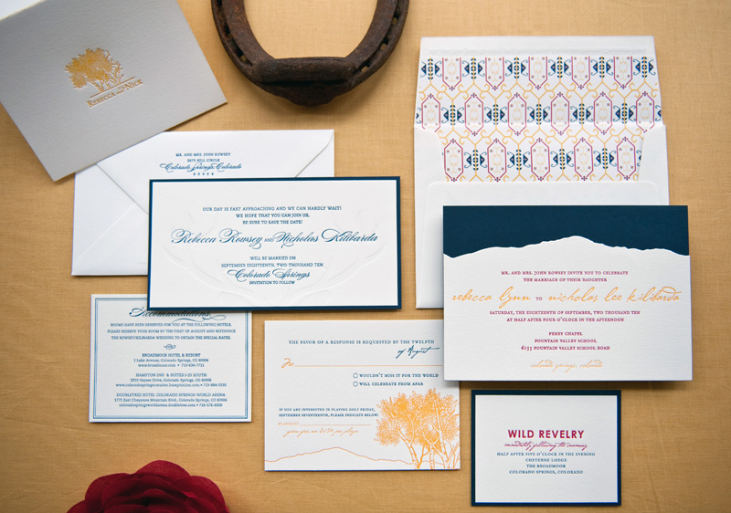 Colorado Rocky Mountains Blue Yellow Wedding Invitations Suite 500x351 