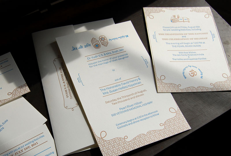 wedding invitations text. I love the blue and copper color palette and the use of complementary symbols and both hindu and hebrew text to bring the suite together!