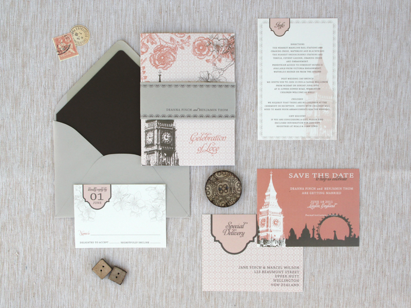 Pink Gray London Skyline Wedding Invitations Suite 500x375 Deanna Bens 