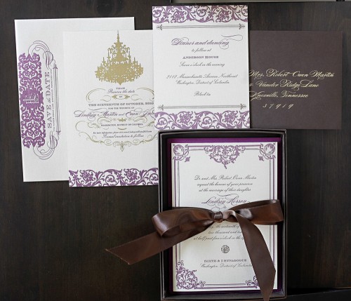 purple and gold wedding invites