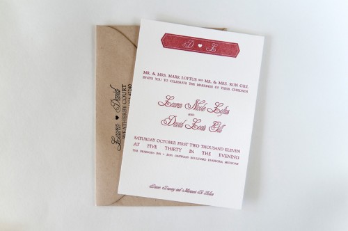 Red White Modern Banner Letterpress Wedding Invitation Envelope 500x332