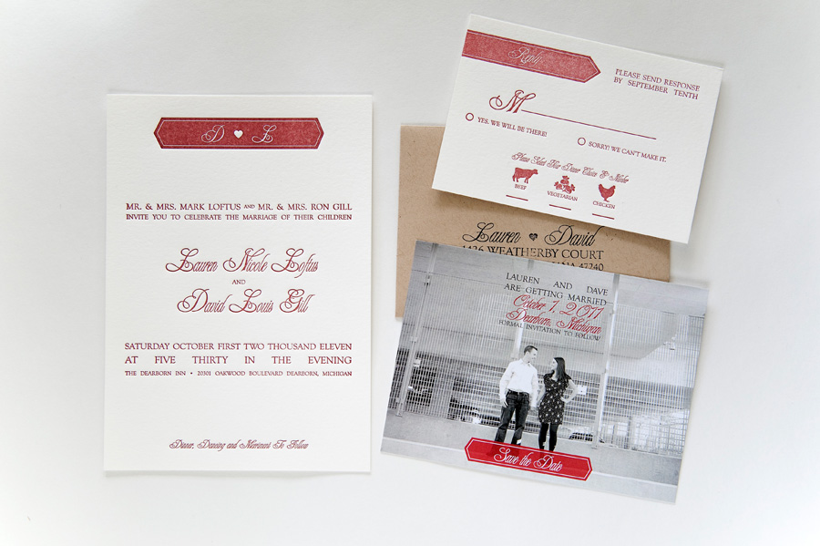 Red White Modern Banner Letterpress Wedding Invitations Save the Date 