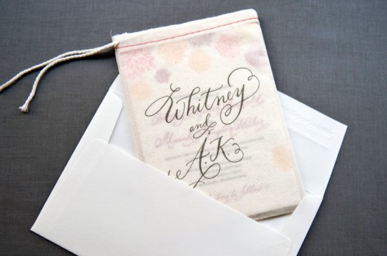 Letterpress Calligraphy Wedding Invitation Muslin Bag 550x365