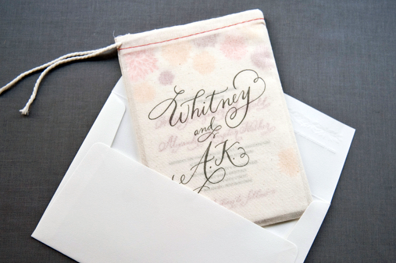 Letterpress Calligraphy Wedding Invitation Muslin Bag 550x365 Whitney 