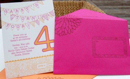 Pink Orange Letterpress Fourth Birthday Party Invitation 550x335