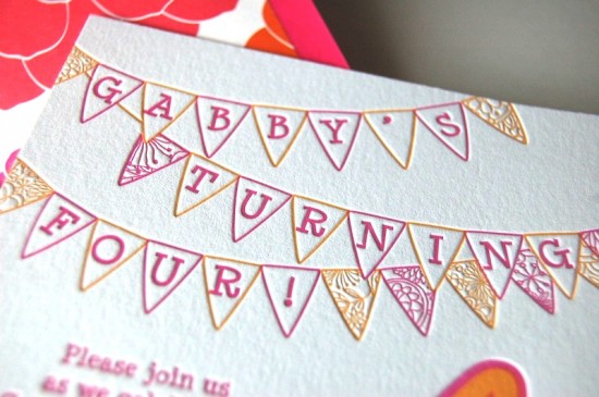 Pink Orange Letterpress Fourth Birthday Party Invitation Detail 550x365