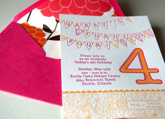 Pink Orange Letterpress Fourth Birthday Party Invitation Envelope Liner 550x397