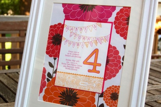 Pink Orange Letterpress Fourth Birthday Party Invitation Floral 550x365