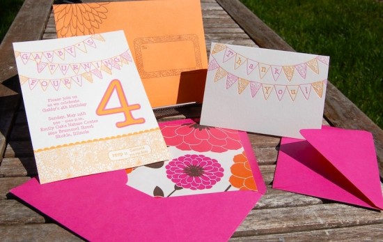 Pink Orange Letterpress Fourth Birthday Party Invitation Suite 550x347