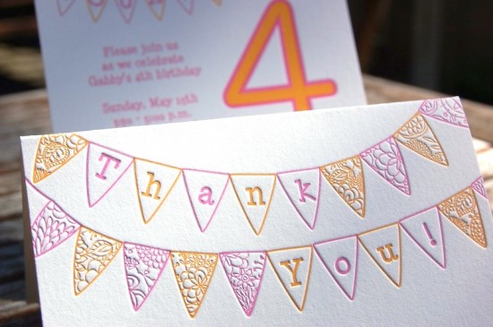 Pink Orange Letterpress Fourth Birthday Party Invitation Thank You Card 550x365