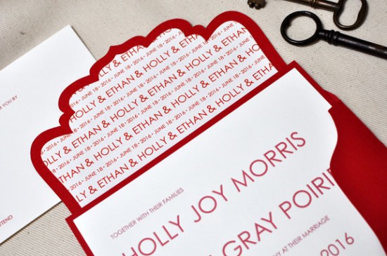 Red White Modern London Letterpress Wedding Invitations Die Cut Envelope 