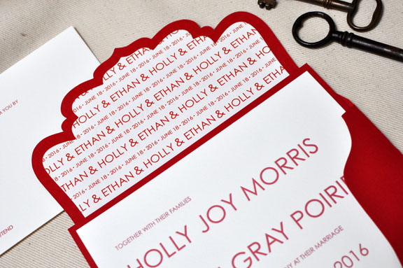 Red White Modern London Letterpress Wedding Invitations Die Cut Envelope 