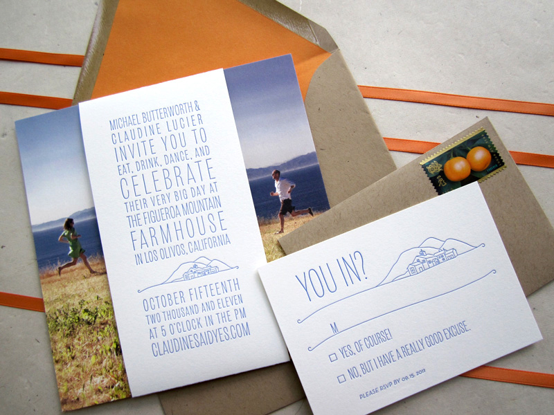  envelopes and orange envelope liner Unique California Modern Wedding 