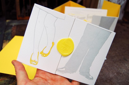 Whimsical Yellow Gray Letterpress Wedding Invitations Wax Seal 550x365