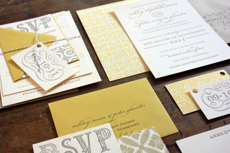 Yellow Gray Patterned Letterpress Wedding Invitations Suite3 550x366 Ashley