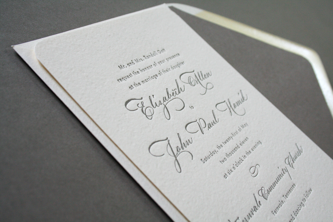 Classic Gray White Calligraphy Letterpress Wedding Invitations Arboreal2 