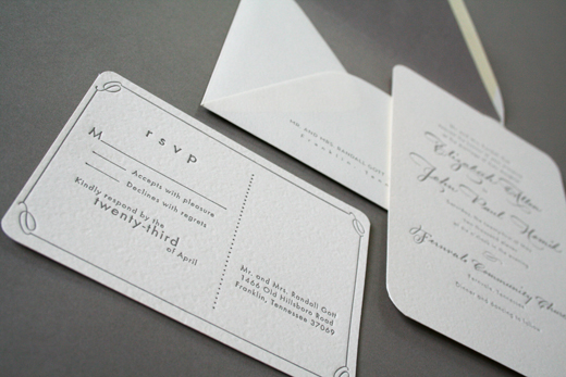 Classic Gray White Calligraphy Letterpress Wedding Invitations Arboreal3 