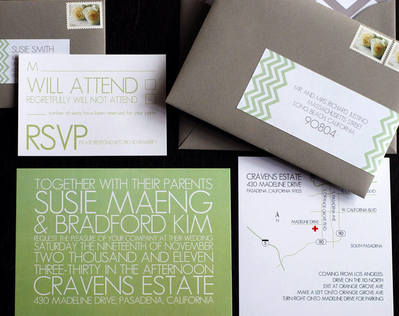 Designs incorporated chevron stripes into these wedding invitations