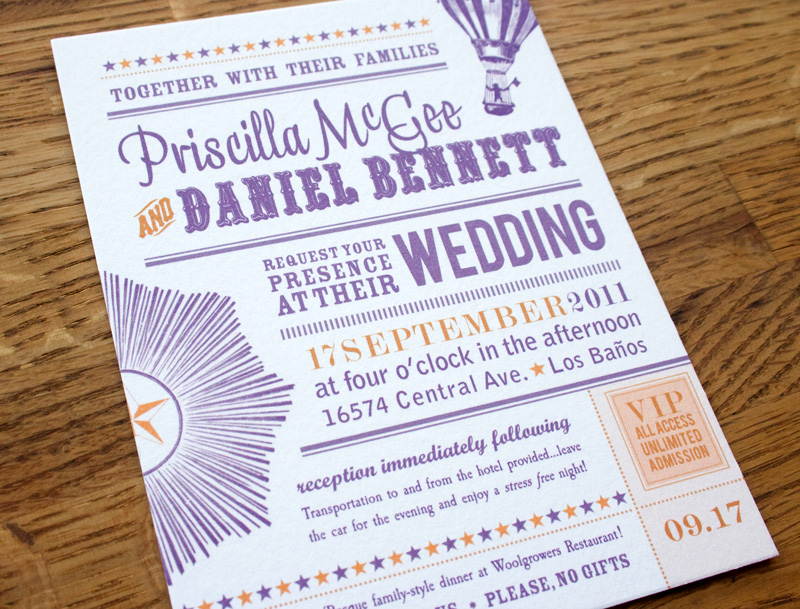 Purple Orange Rock n Roll FedEx Wedding Invitation 550x418 Priscilla 