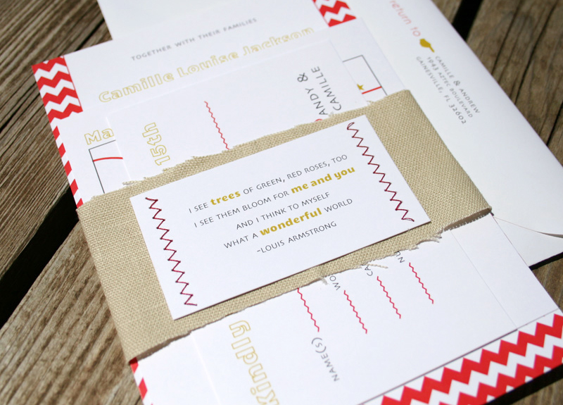 Red Chevron Stripe and Linen Wedding Invitations 550x395 Camille Andrews 