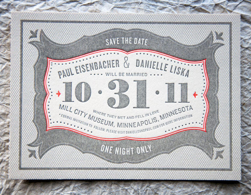 Wit Delight Gray Red Halloween Letterpress Wedding Save the Date 550x427